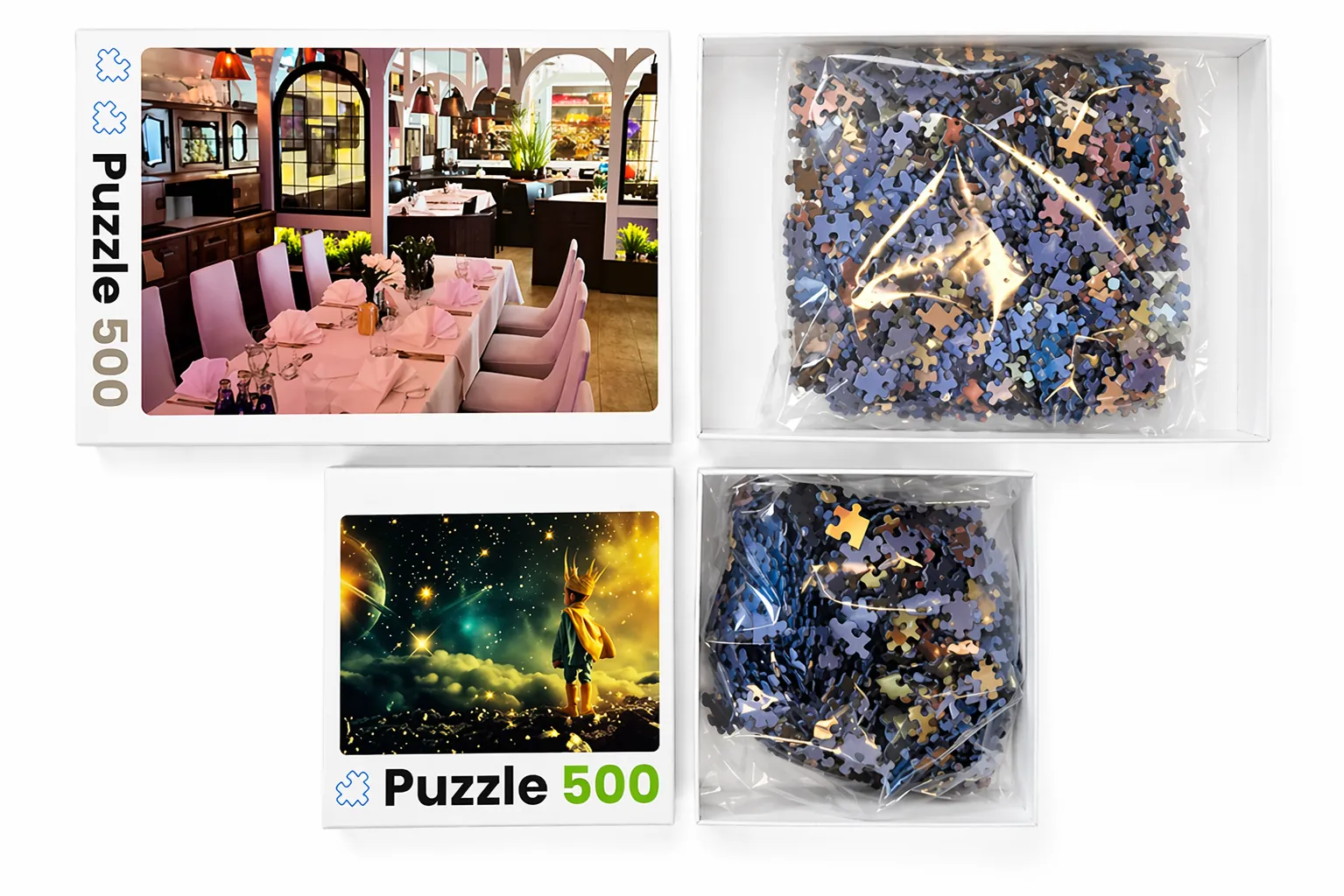 Dwa zestawy puzzli 500 elementów z własnymi obrazami w białych pudełkach